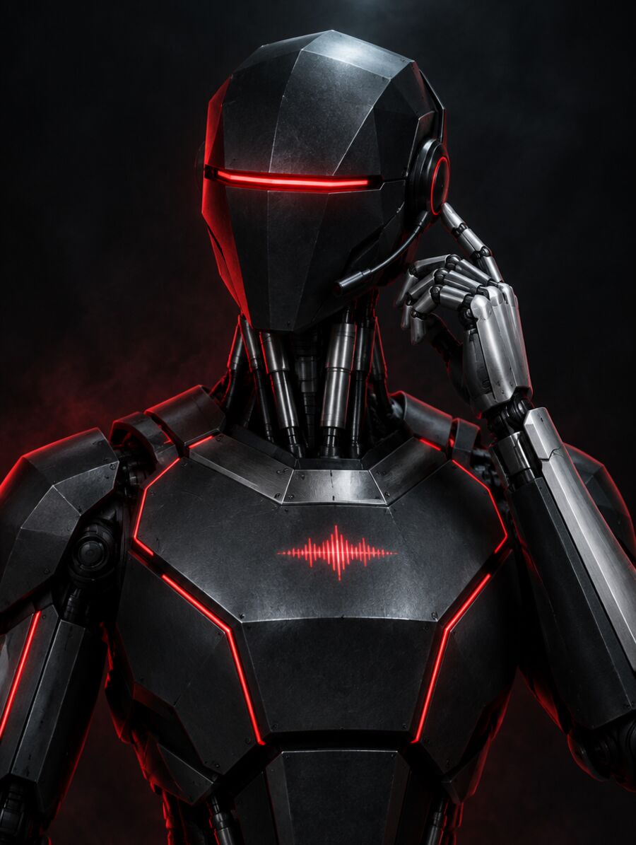 Dark steel android with a headset and glowing red visor answering a call
