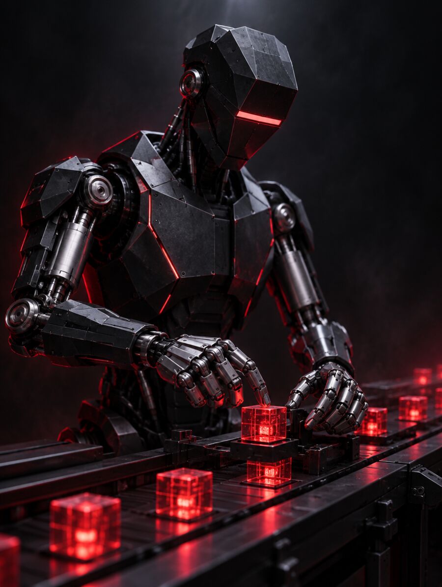 Dark steel worker robot with a red visor assembling glowing data cubes