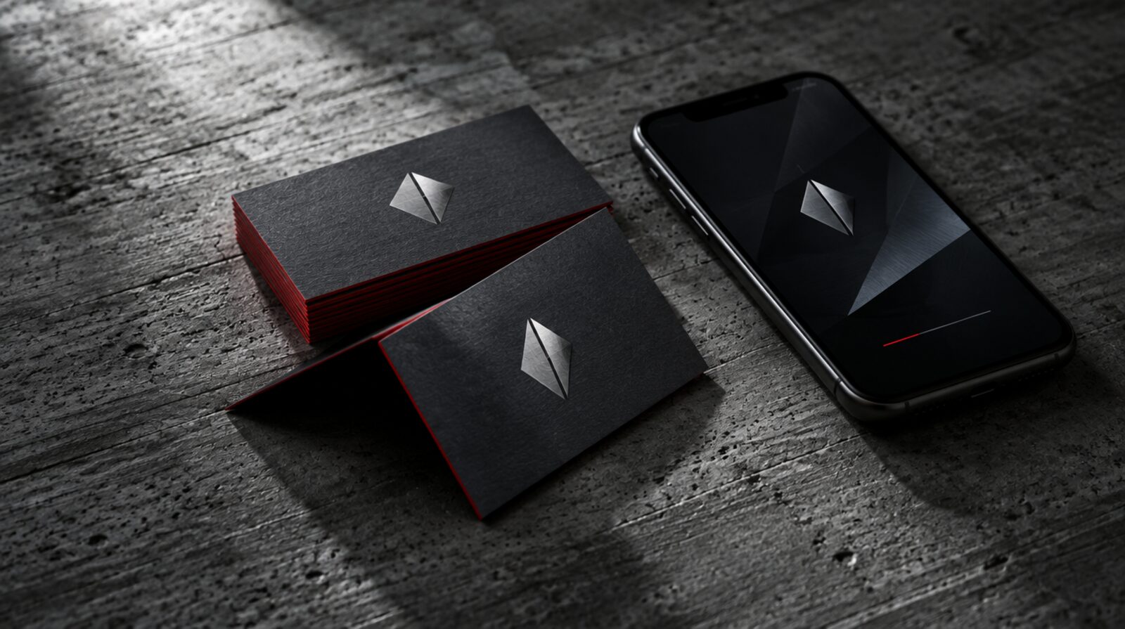 Charcoal business cards with a steel mark beside a phone showing a digital card