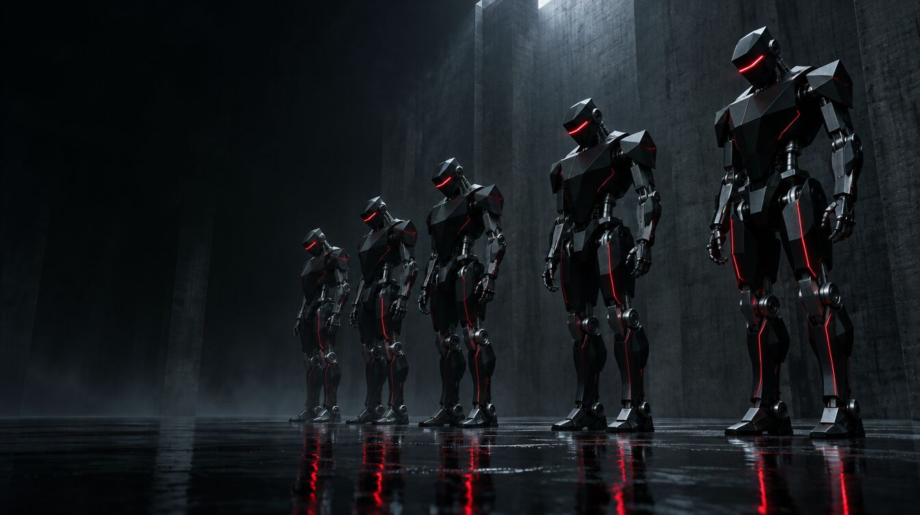 A squad of dark steel robots with glowing red visors standing in formation, awaiting orders